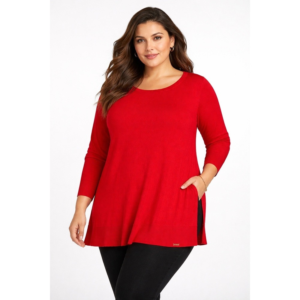 Tahari Woman Red Ruffle Hem Knit‎ Tunic Sweater Plus Size 1X